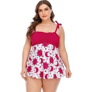 Tankini Swimsuit Dress Sun & Moon Red White Tie Straps Stretchy Removable Pads L